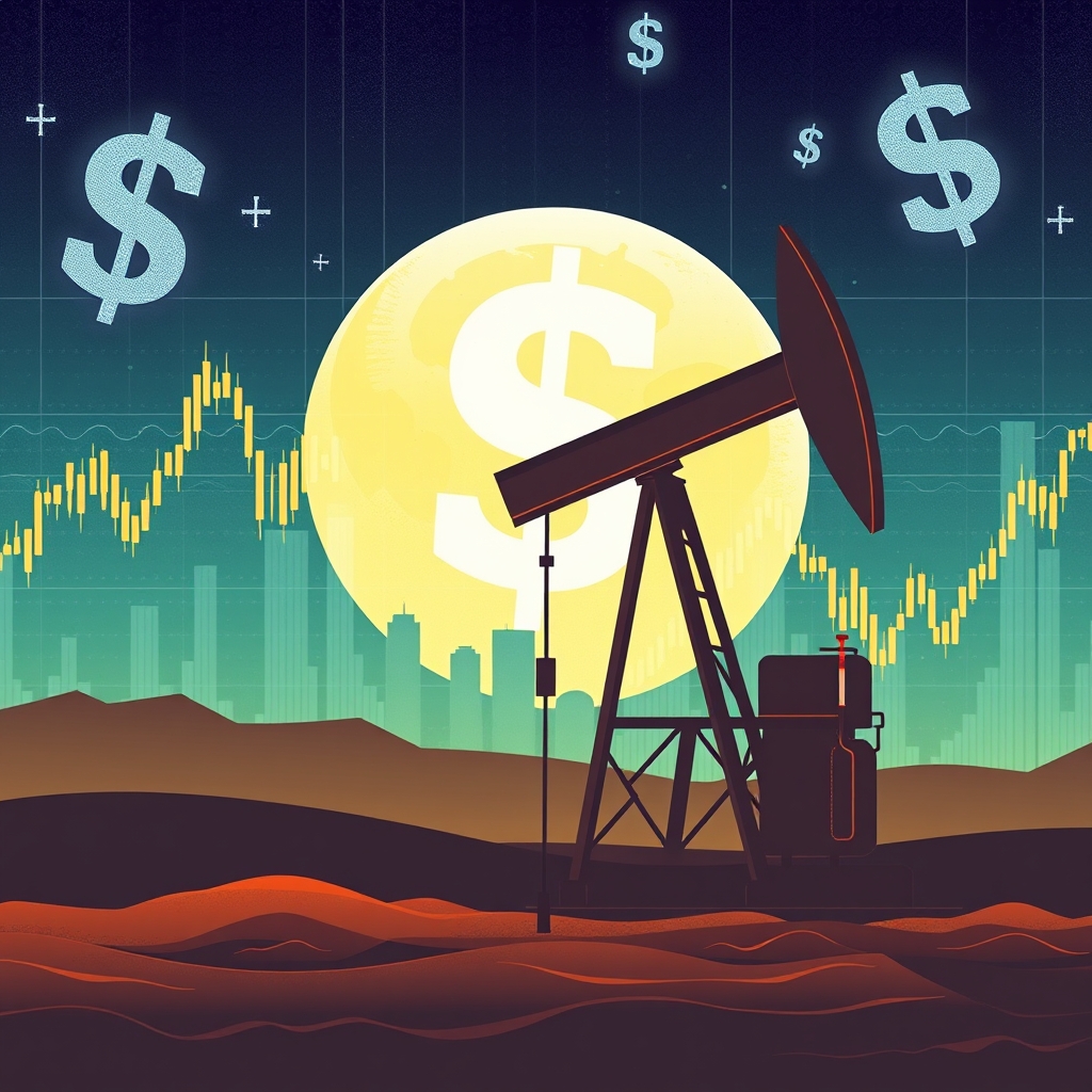 A conceptual illustration depicting a large oil rig against a backdrop of fluctuating stock market graphs and dollar signs, symbolizing the financial performance of the oil industry.