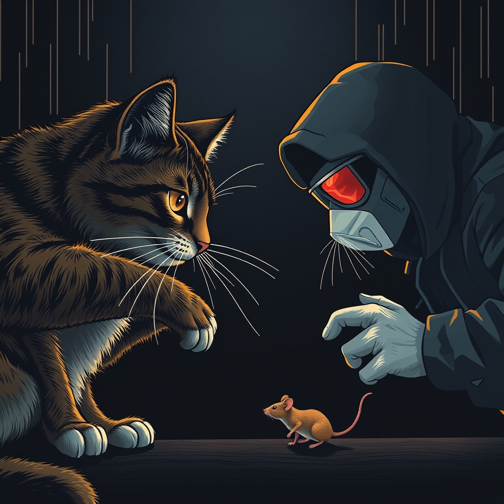 Illustration of a cat and mouse game, with a hacker in the shadows and investigators in the foreground, surrounded by computer screens and financial data, conveying the challenge of recovering stolen funds.