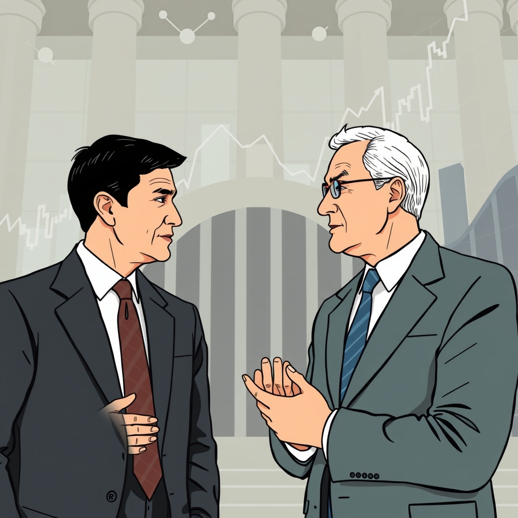 A professional setting featuring two prominent financial leaders, Christine Lagarde and Boris Vujčić, engaged in a discussion about monetary policy. Lagarde is depicted with short hair and wearing a formal suit, while Vujčić has dark hair and is dressed in a business suit. They are surrounded by financial charts and graphs, symbolizing economic analysis.